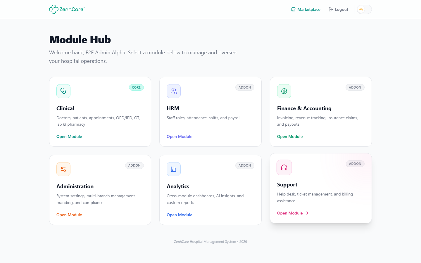 The ZenhCare Module Hub for a hospital administrator