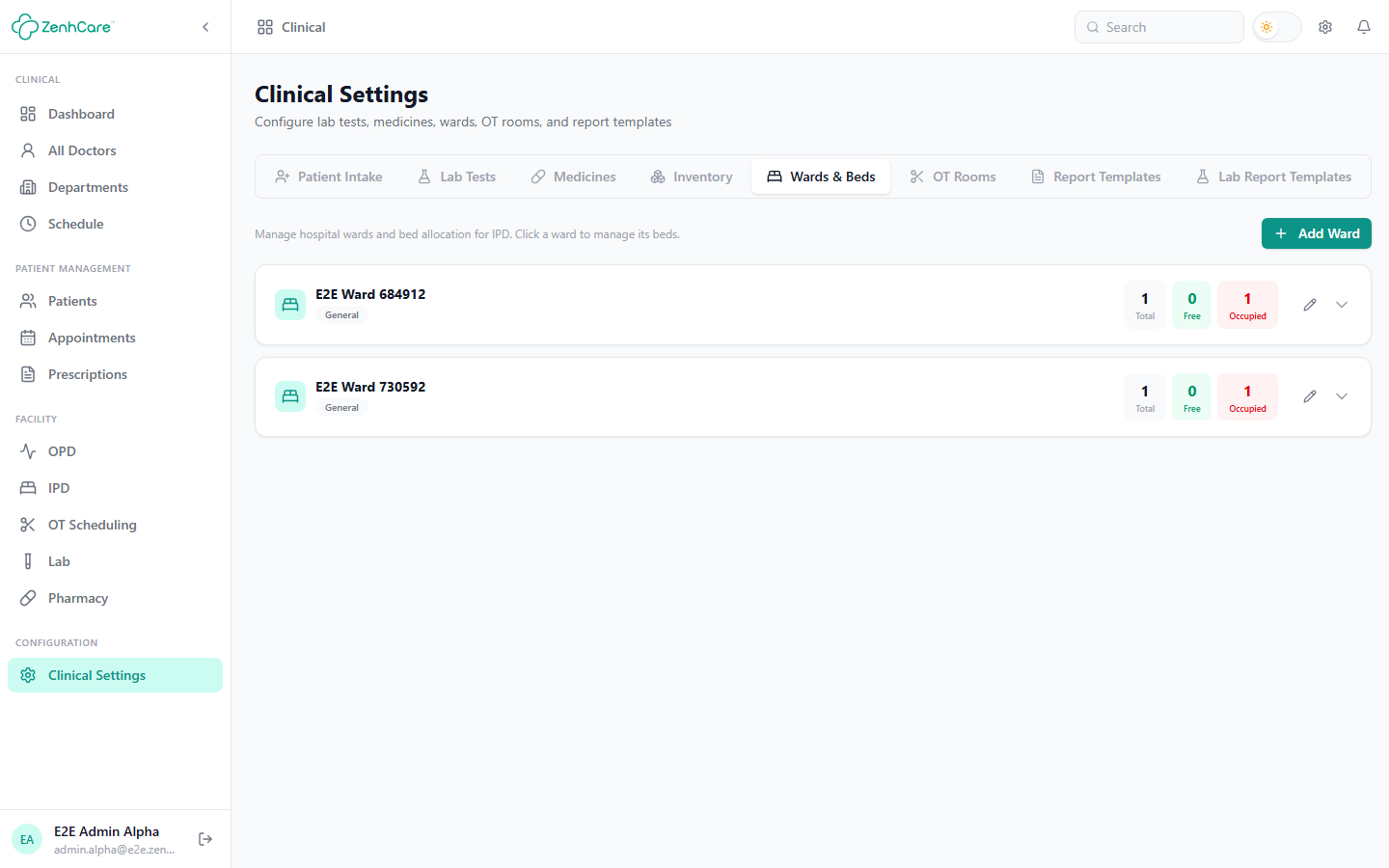 Wards & Beds configuration in Clinical Settings