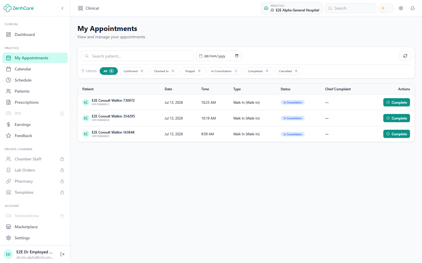 A doctor's appointments list in ZenhCare