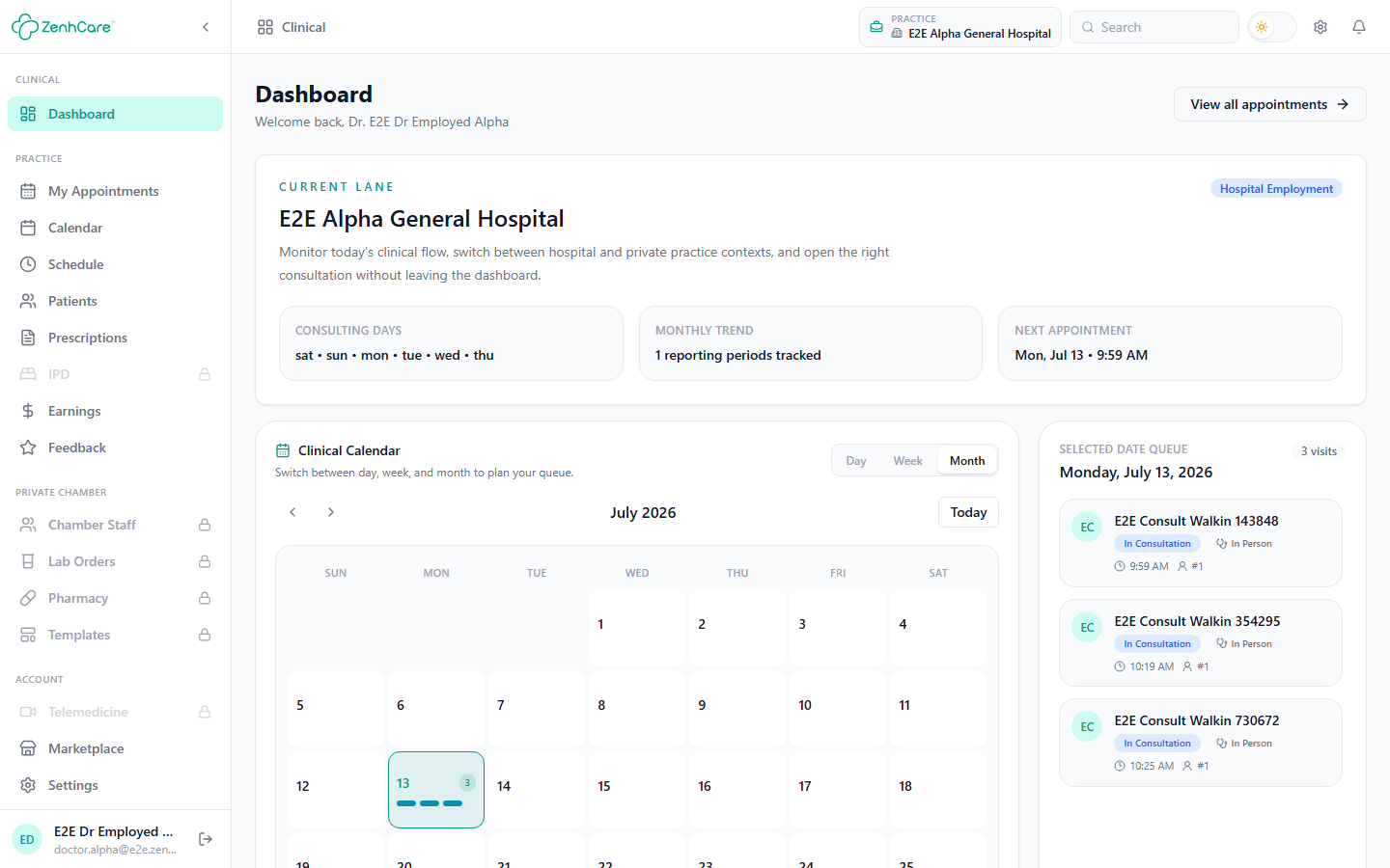 The doctor dashboard in ZenhCare
