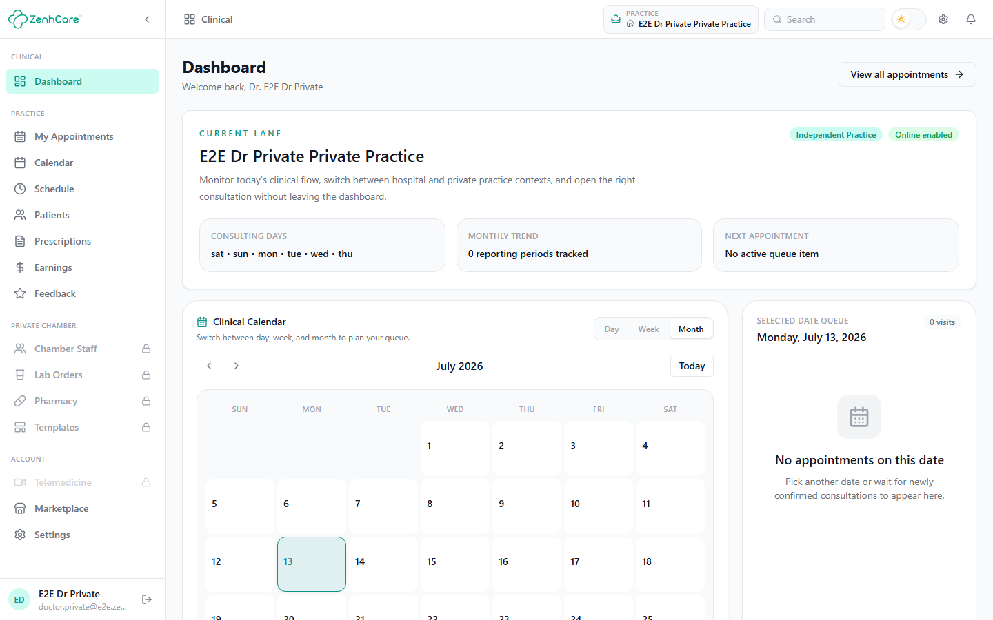 A private doctor's dashboard, with the Private Chamber tools locked