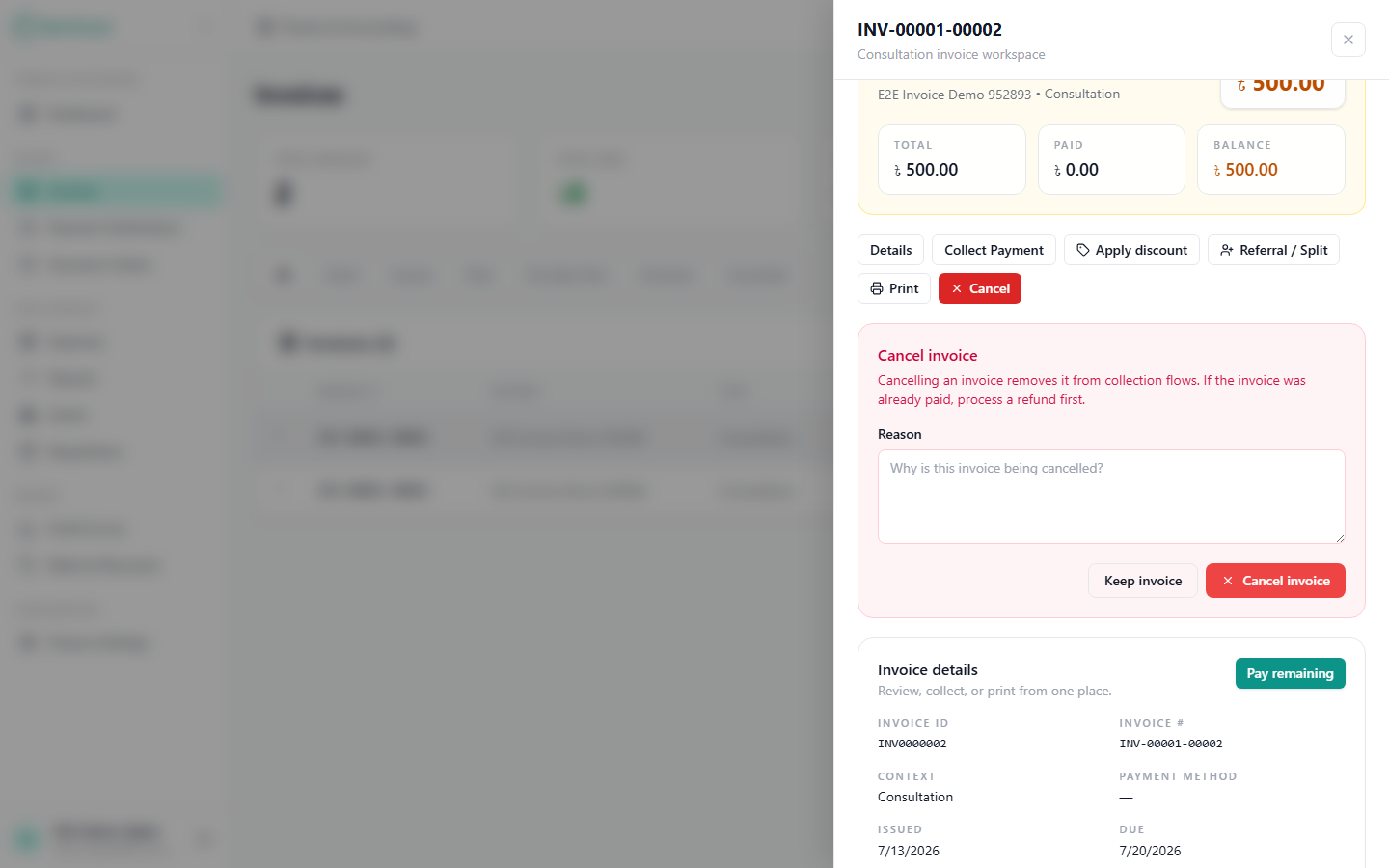 The Cancel view of the invoice workspace, asking for a reason