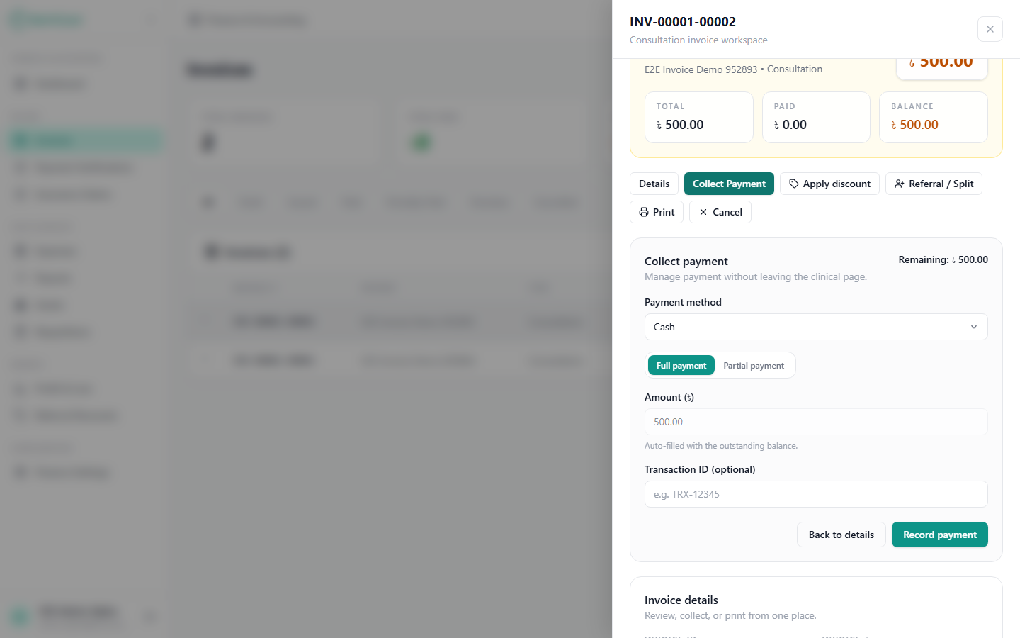 The Collect Payment view of the invoice workspace, with the method picker and full/partial toggle
