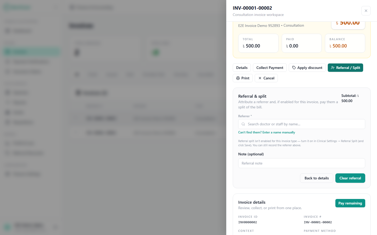 The Referral and Split view of the invoice workspace