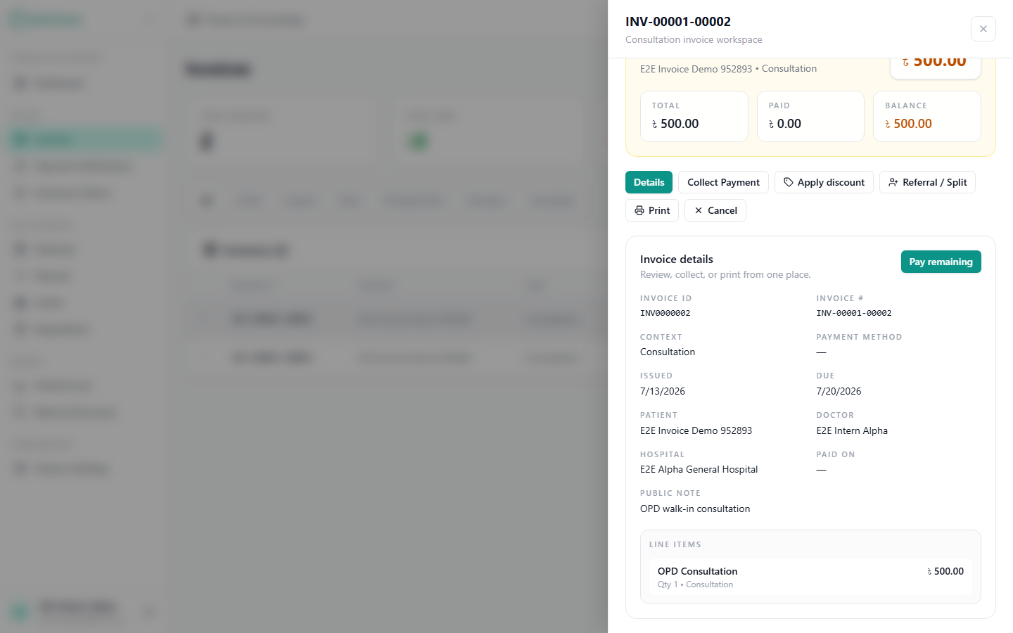 The ZenhCare invoice workspace showing status, outstanding balance, actions and line items
