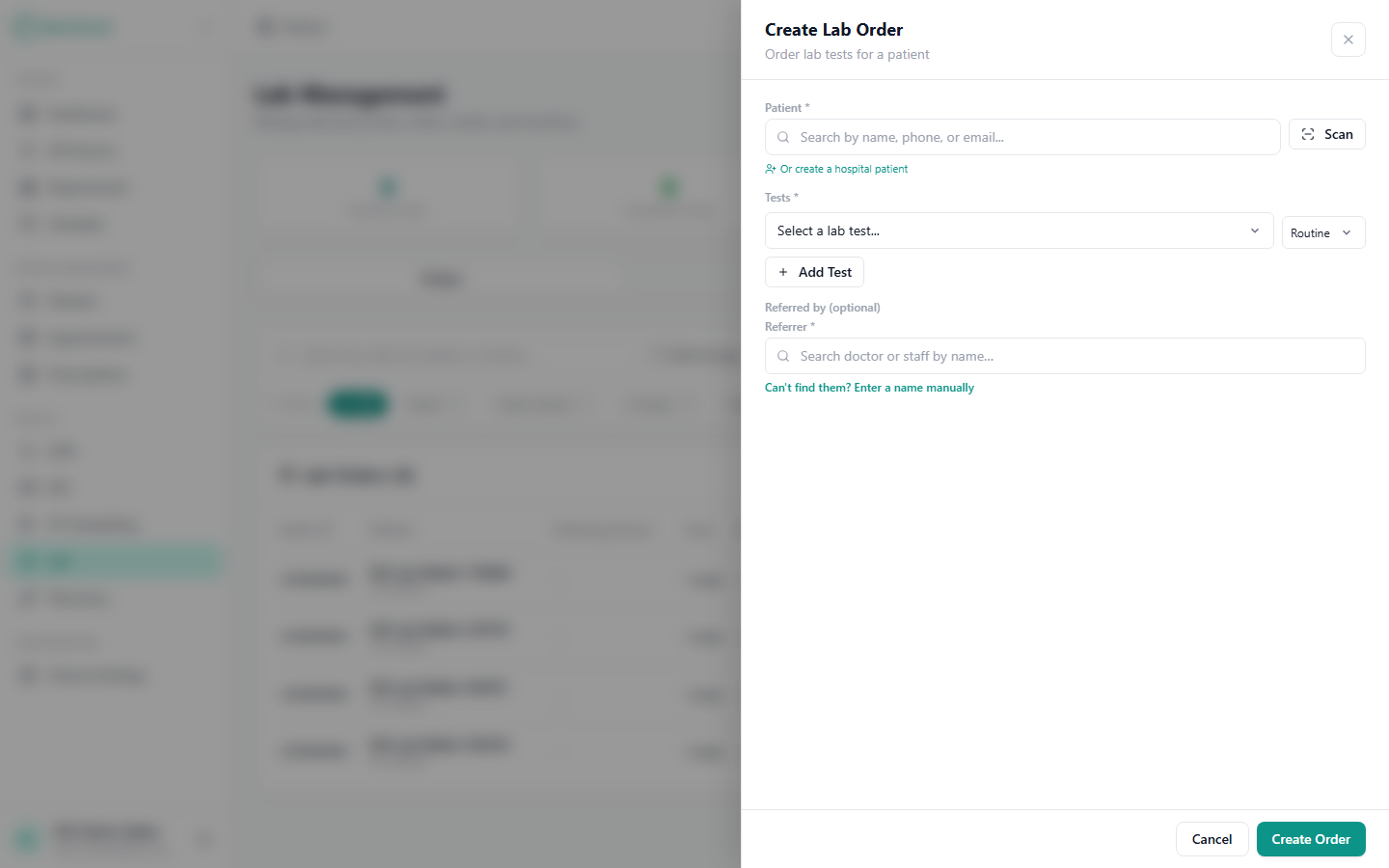 The create lab order dialog