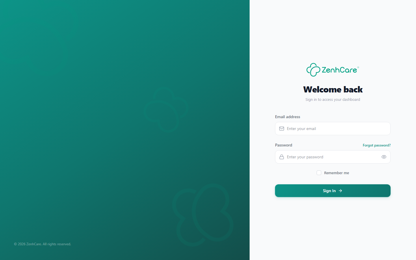 The ZenhCare sign-in screen