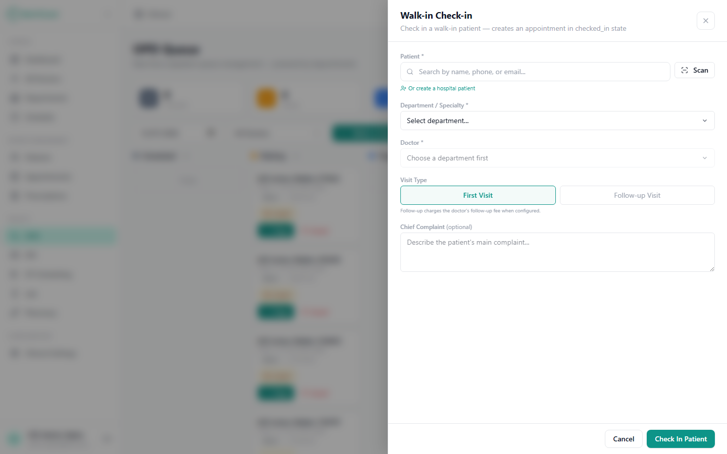 The walk-in check-in dialog